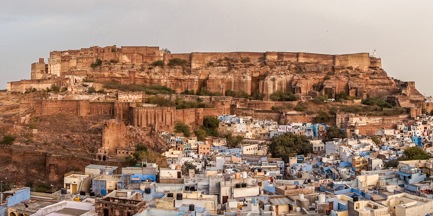 Mehrangarh Fort and Panoramic view of the Blue City of Jodhpur in India