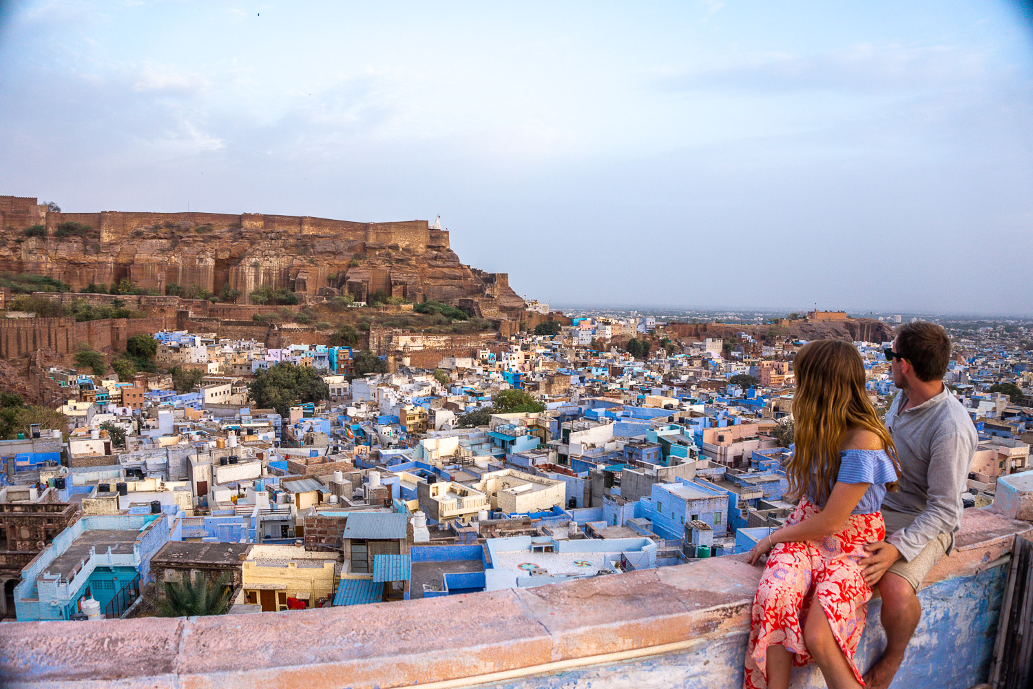 Couple Overlooking a Panoramic View of the Blue City of Jodhpur
