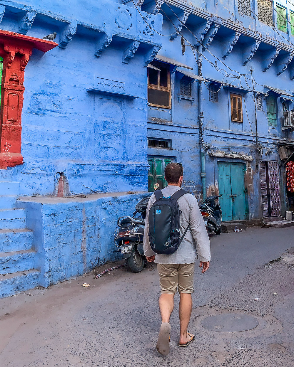 Guy Walking through the Blue Houses in Jodhpur