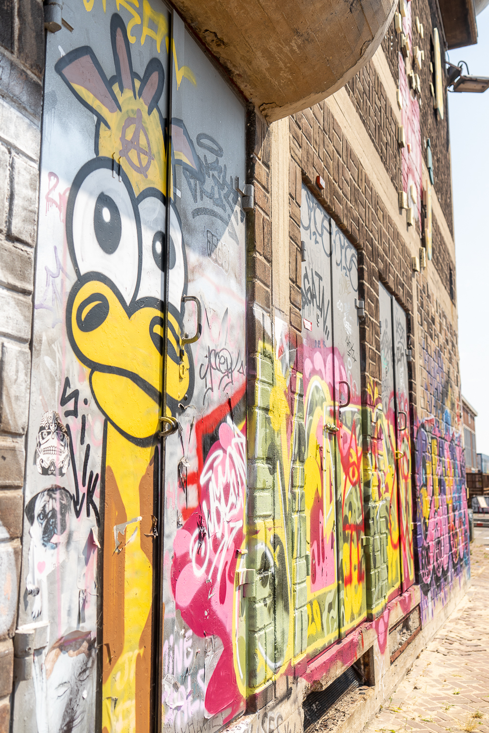 A brightly coloured cartoon giraffe street art painting