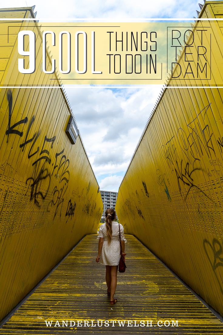 A girl walking between two yellow walls on a yellow floor