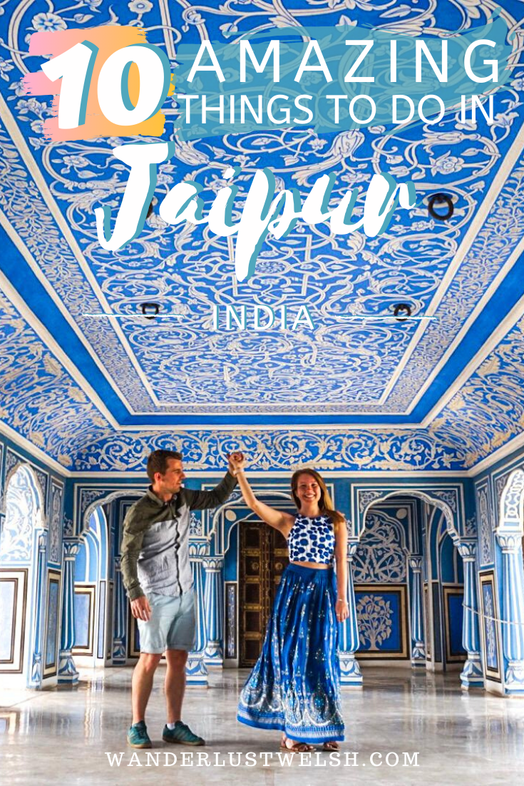 A couple dancing in the Blue room of Jaipur palace with the words "10 Amazing Things to Do in Jaipur" superimposed