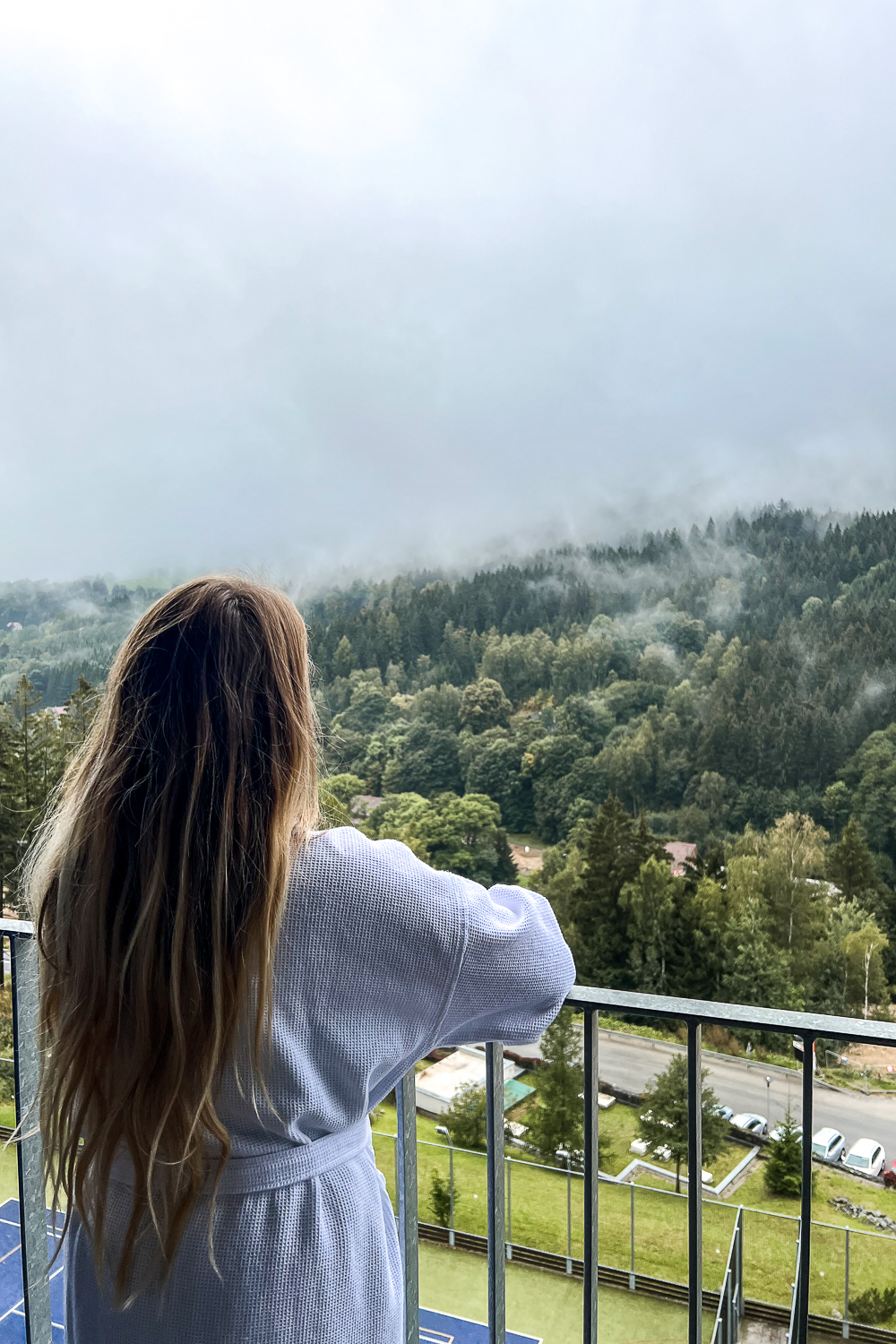 A girl in a robe looking out on the misty forest