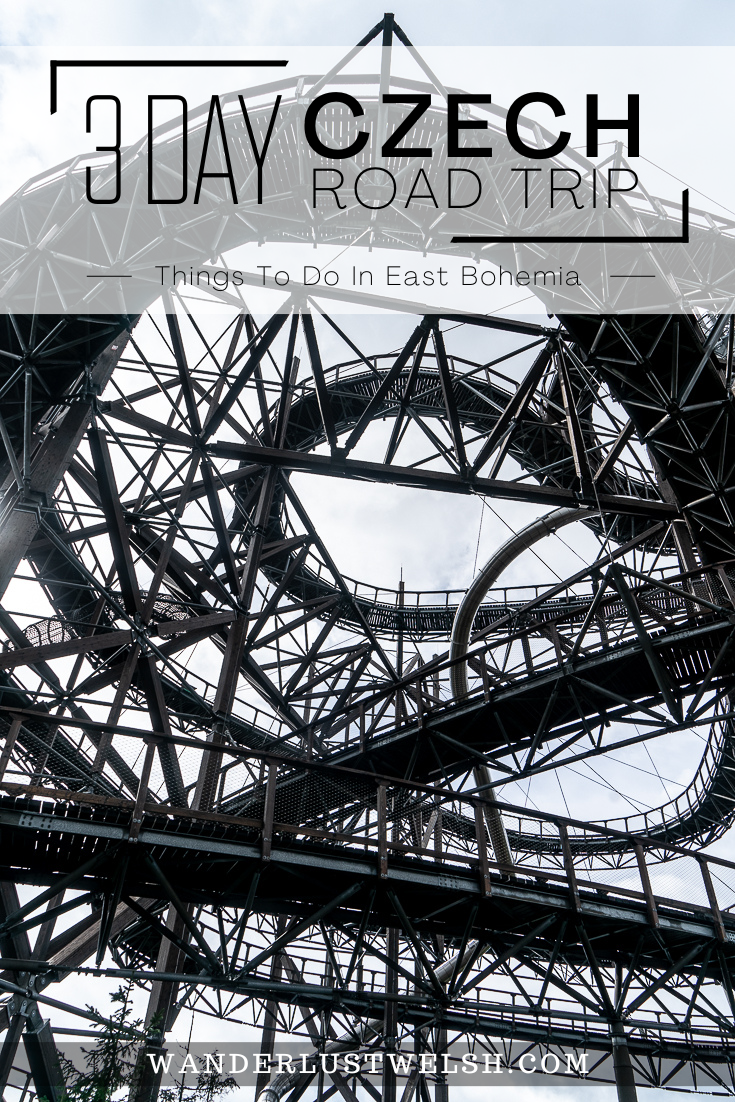 The skywalk - Twisted metal structure with walkways and a slide