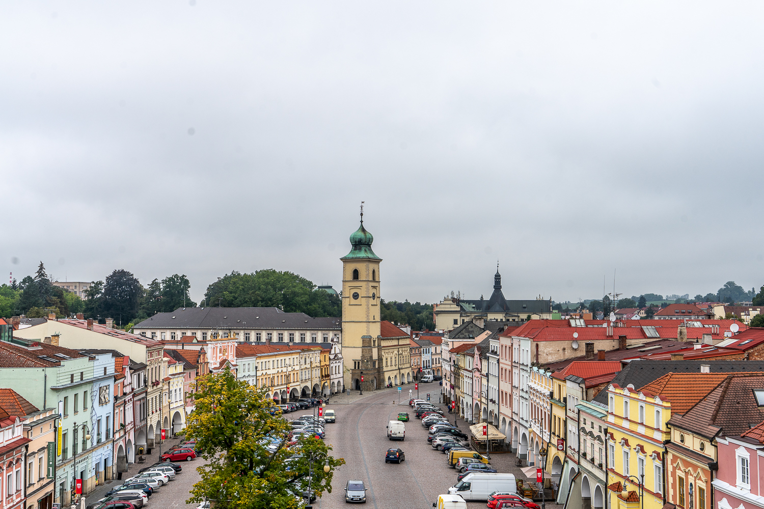 Beautiful panoramic of Litomysl - Pastel coloured street and a church spire