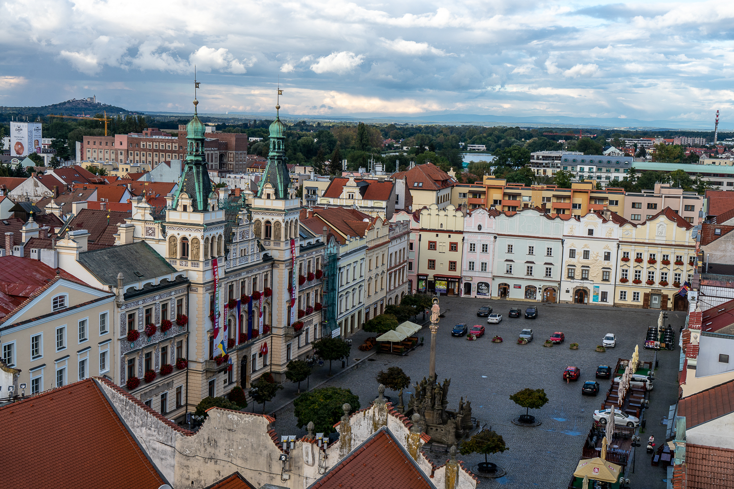Pardubice town square taken from high up in the clock tower