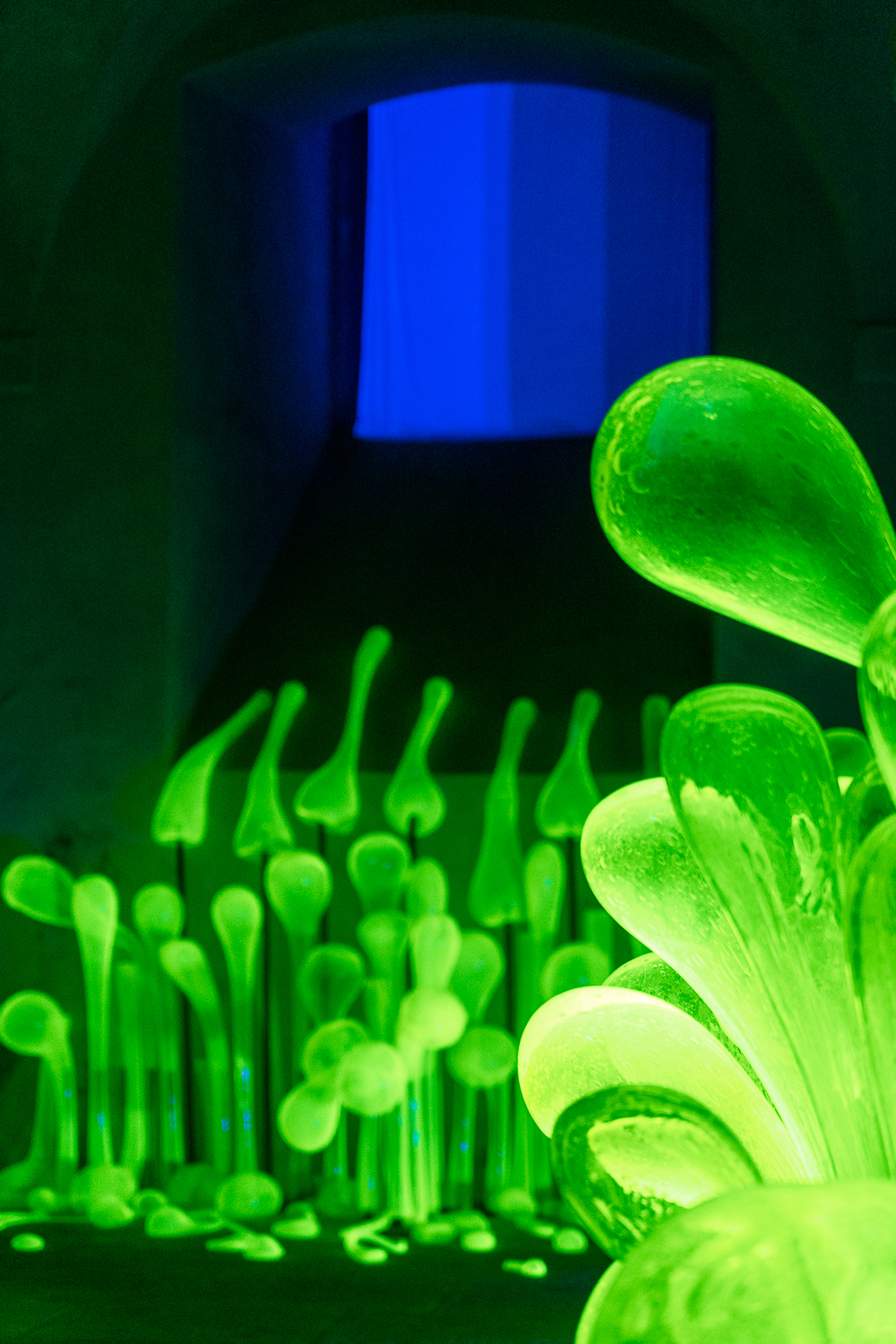 Close up of artwork - blown glass lit up in neon green