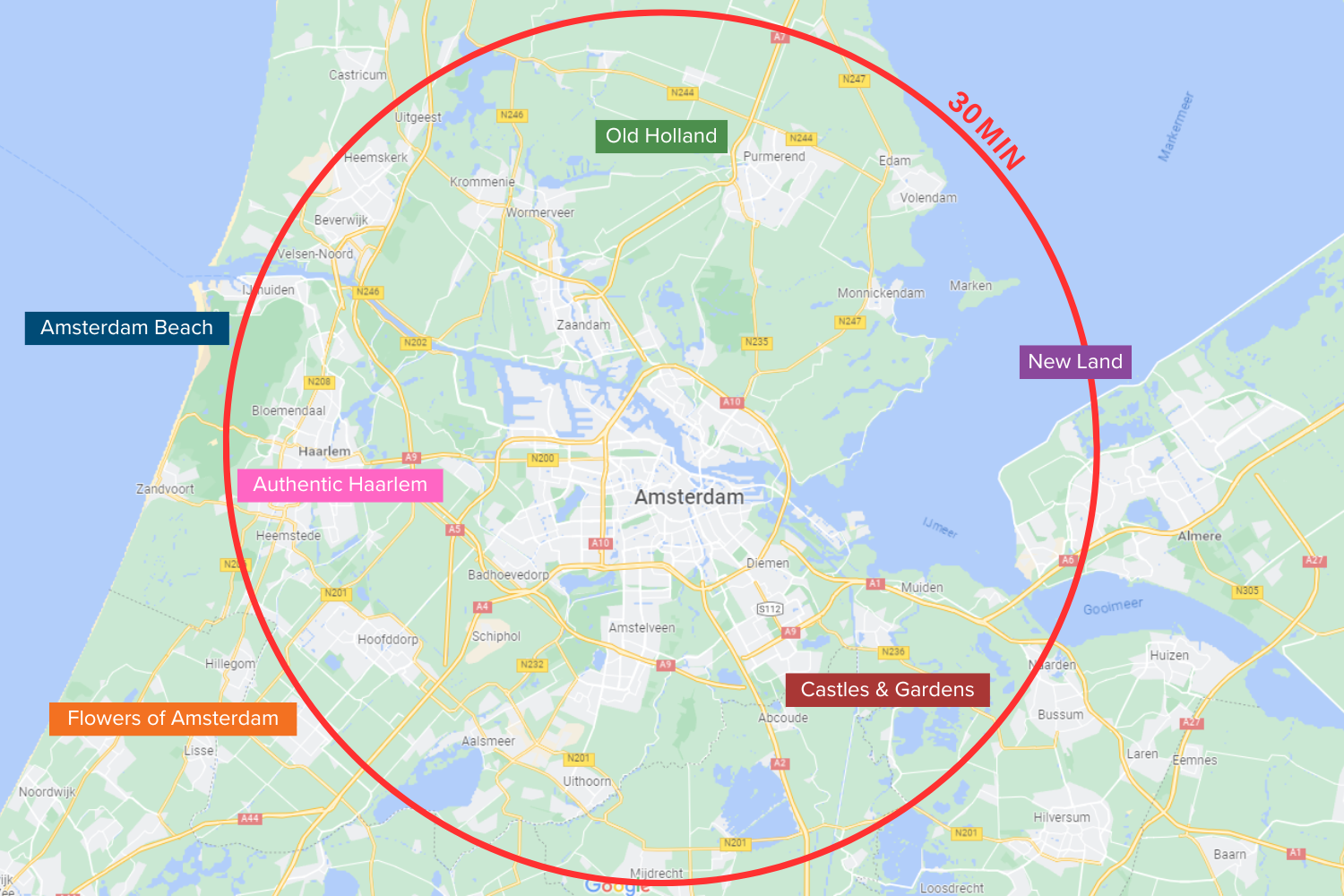 Map of the Amsterdam Area marked with the regions Amsterdam Beach, Authentic Haarlem, Flowers of Amsterdam, Old Holland, New Land, and Castles & Gardens