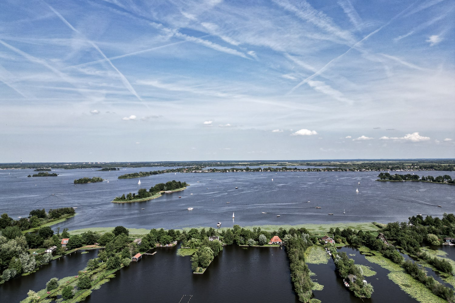 A lake with straight lined islands of trees and a lake house