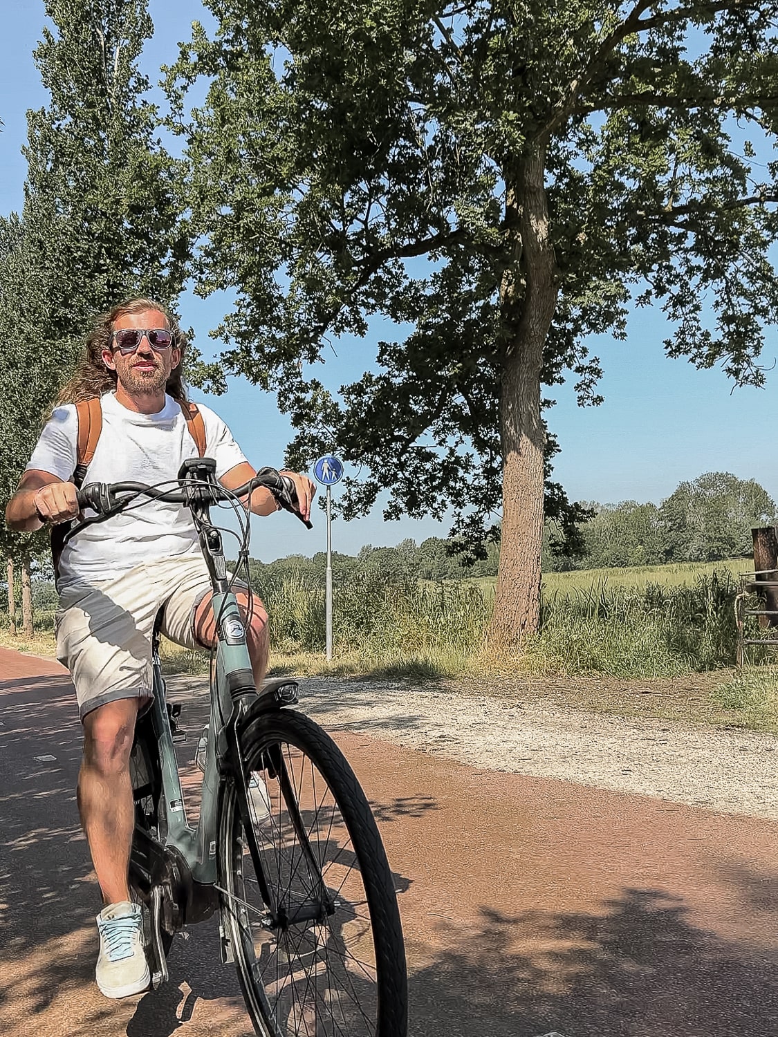 A man riding a bicycle on a red path with a bright blue sky and a large tree in the background