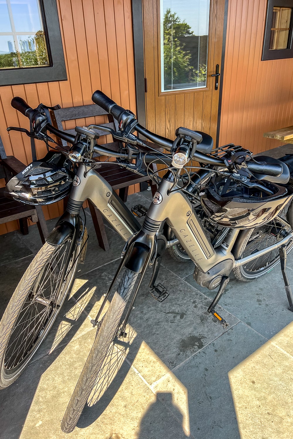 two ebikes outside a lodge
