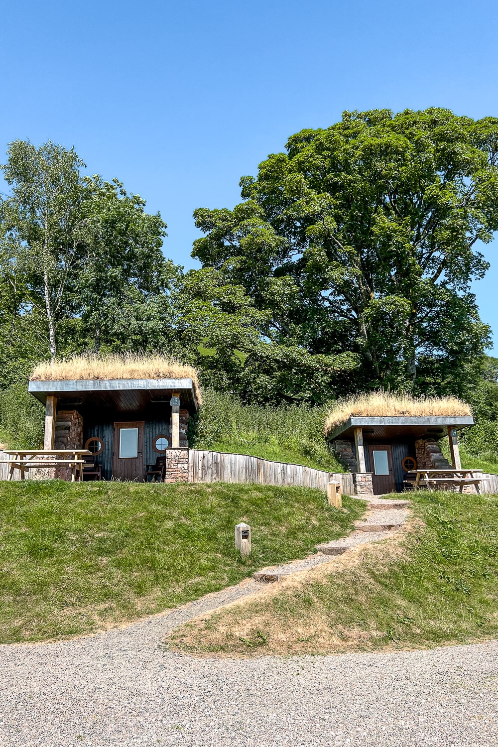 two glamping houses that are burrowed into the hillside