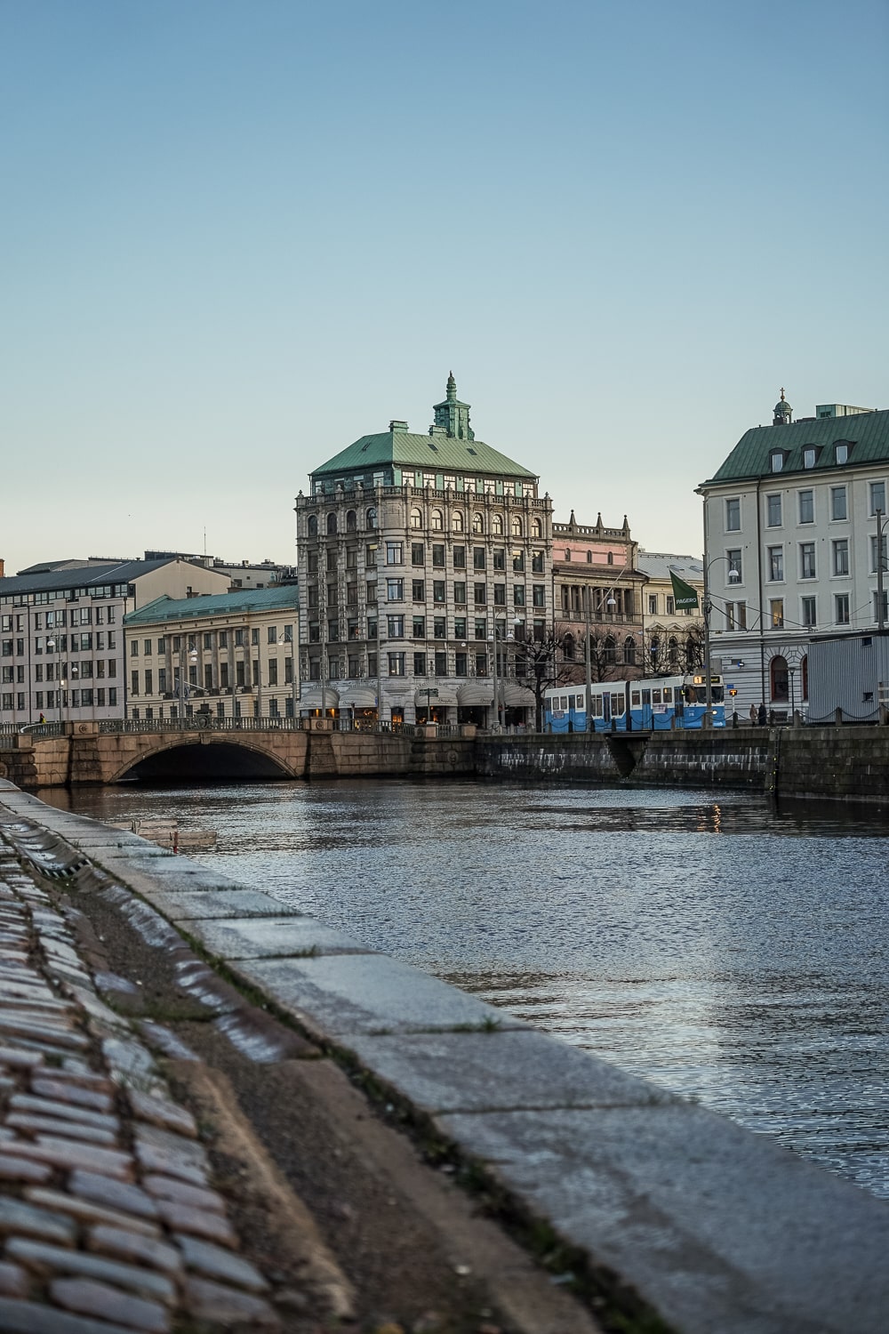 The riverside in Gothenburg with classic Swedish city architecture along the banks