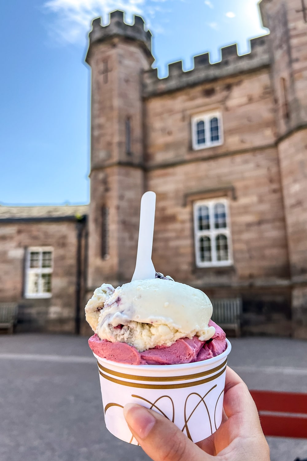 a pot of ice cream with a castle in the background