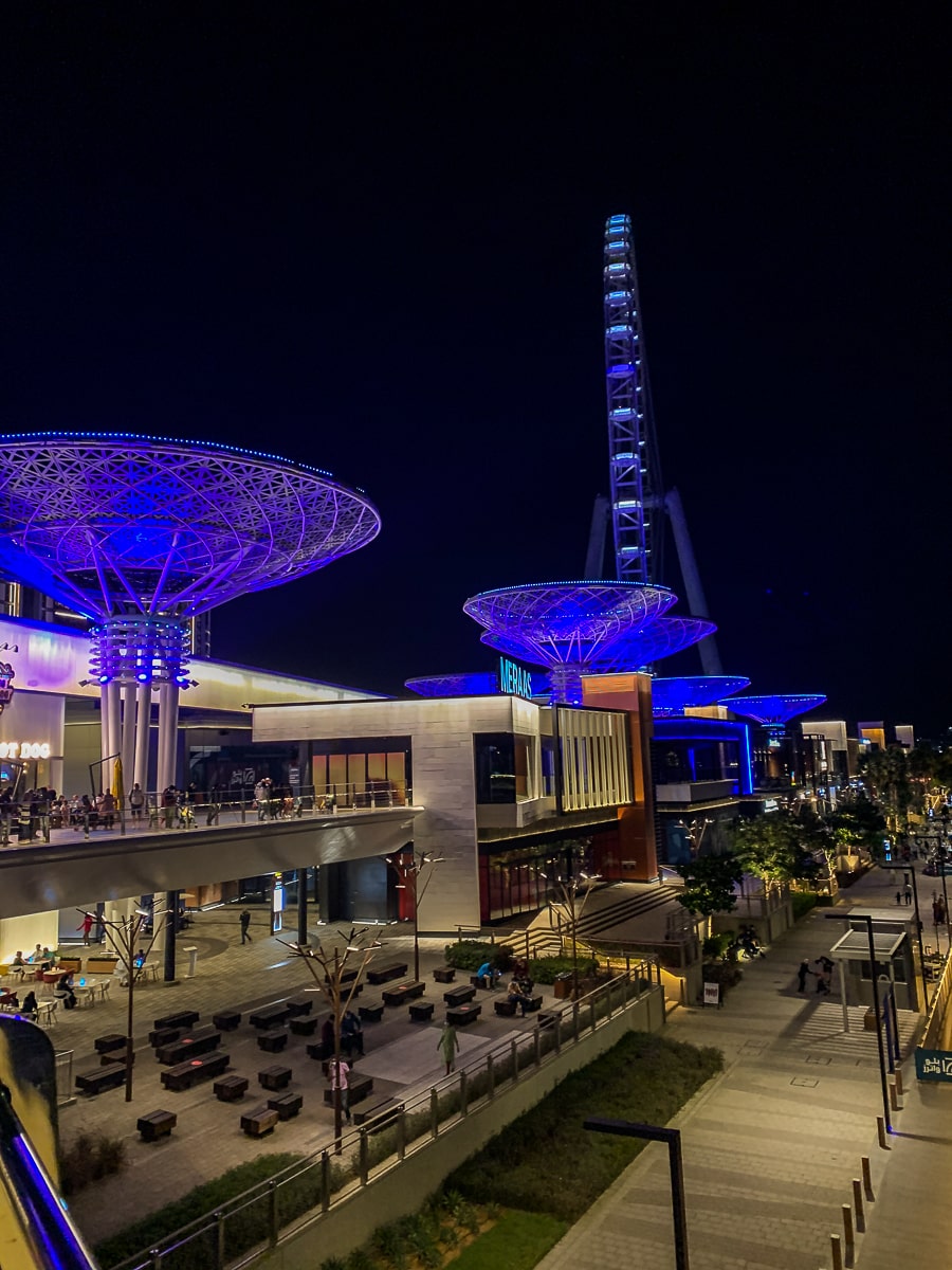 Large mushroom or tree style sculptures lit up in blue with a ferris wheel behind