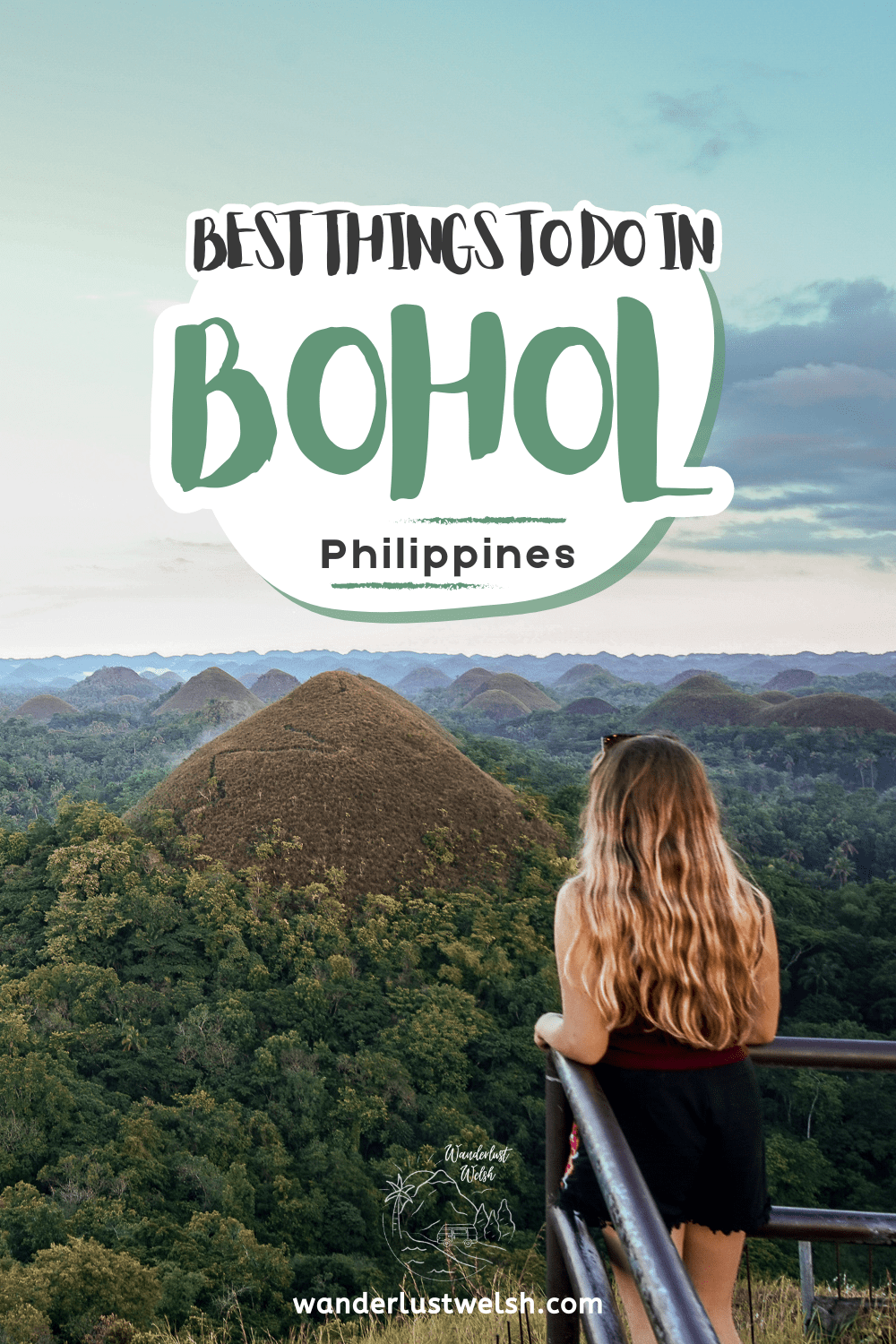 A woman looking from a viewpoint at oddly shaped brown hills with the words "Best things to do in Bohol" superimposed