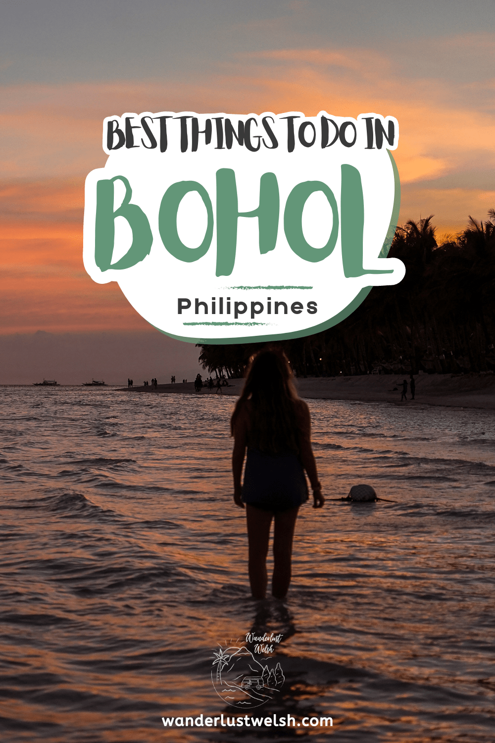 A silhouetted girl wading in the sea at sunset with the words "Best things to do in Bohol" superimposed