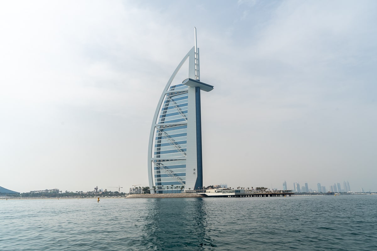 The sail shaped Burj al Arab hotel in Dubai from the water