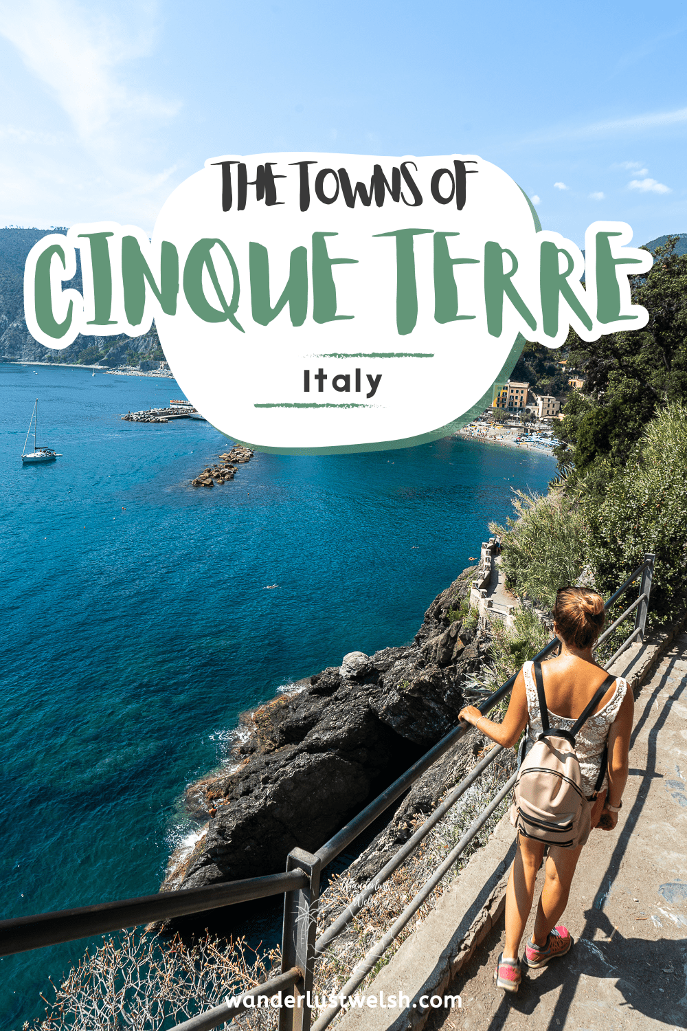 A woman walking along a footpath high on a cliff overlooking the sea with the words "The towns of Cinque Terre" superimposed