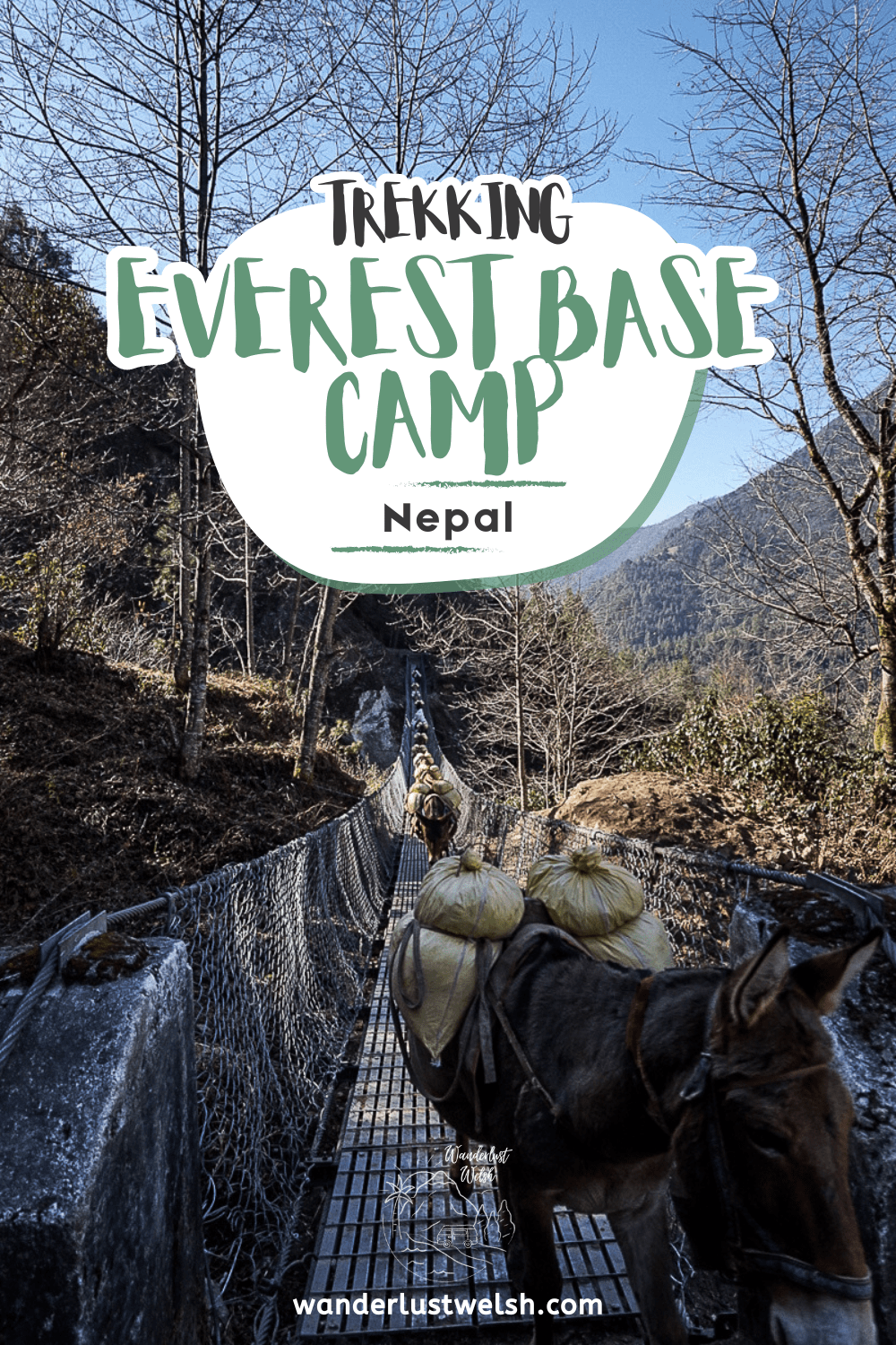 A metal suspension bridge being crossed by donkeys laden with food and supplies with the words "Trekking Everest Base Camp" superimposed