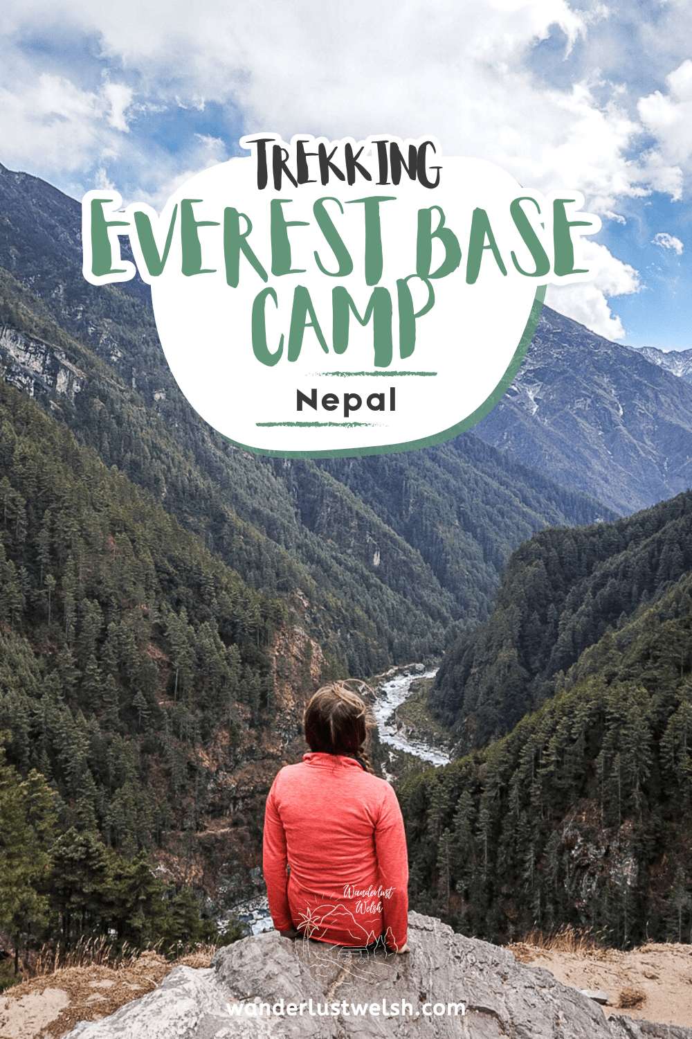 A woman sat on a rock with a view over a deep ravine with the words "Trekking Everest Base Camp" superimposed