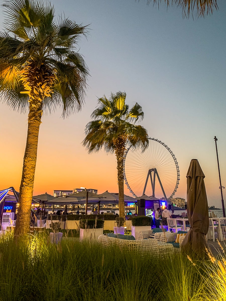 Some palm trees, grass, and beach huts with a big ferris wheel in the background