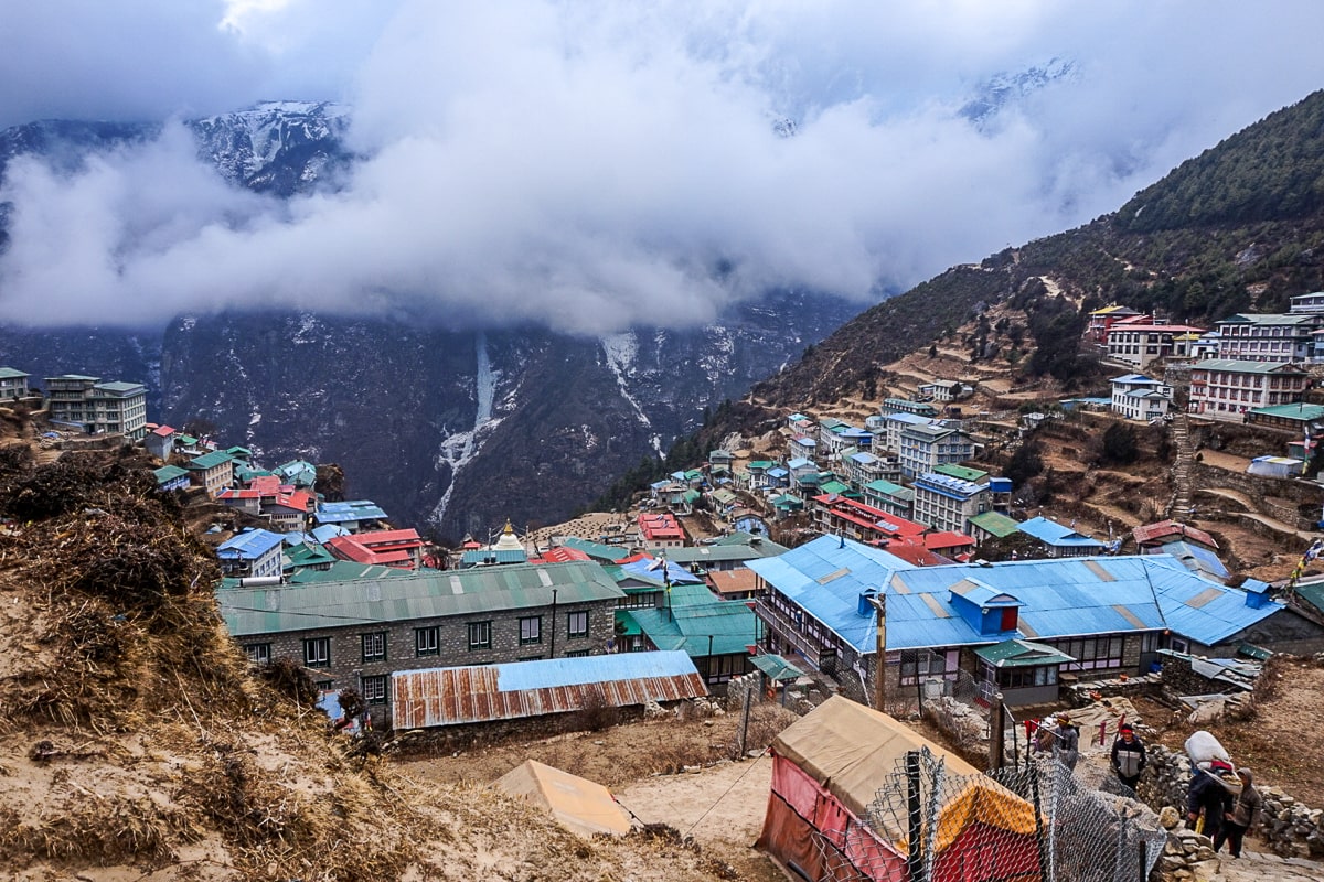 A panoramic view of Namche Bazaar - the largest village on the Everest Base Camp trek