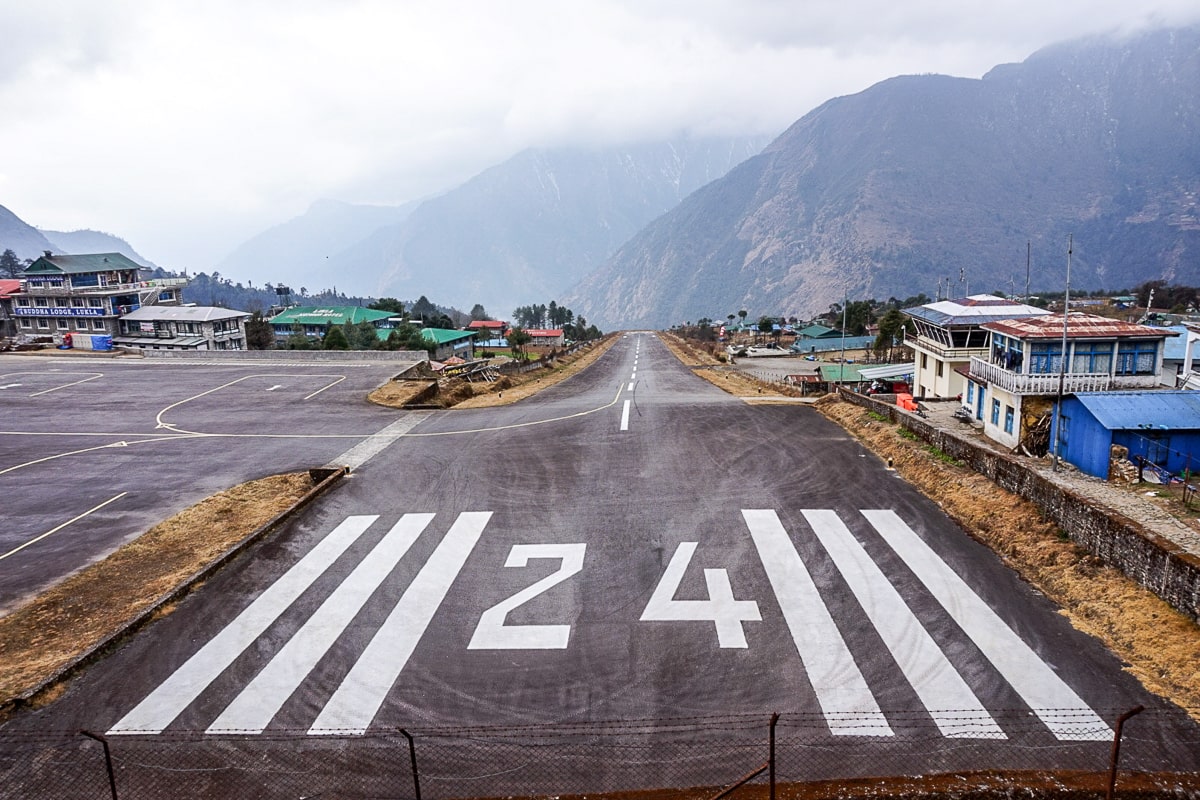The famously short runway of Lukla airport, the starting point of Everest Base Camp trek. The number 24 is painted on the runway in large numbers