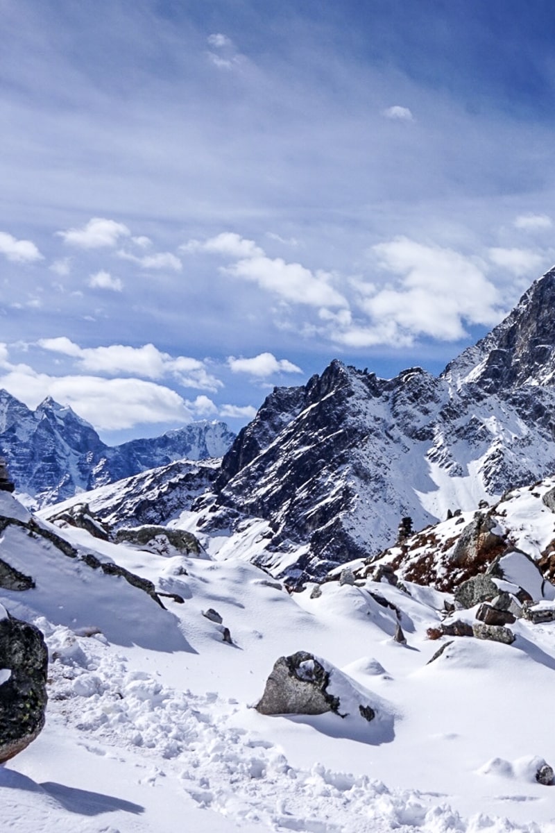 A snow covered memorial site on the Everest Base Camp