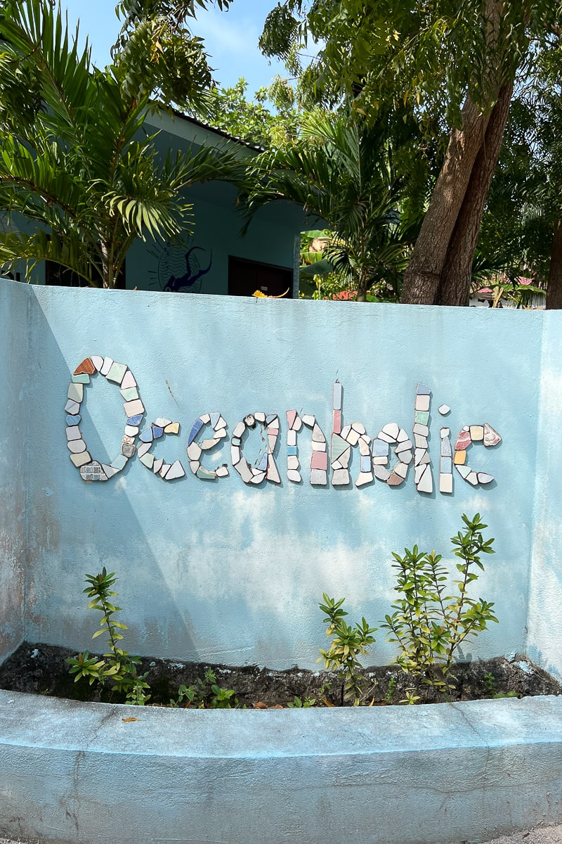 A light blue wall with the word "Oceanholic" written on it in mosaic style tiles