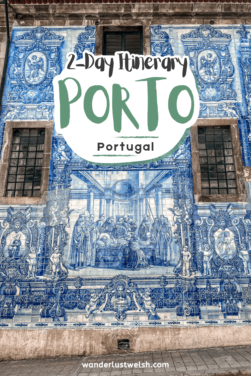 A blue and white azulejo tiled bible scene on a building with the words "2-Day itinerary Porto" superimposed