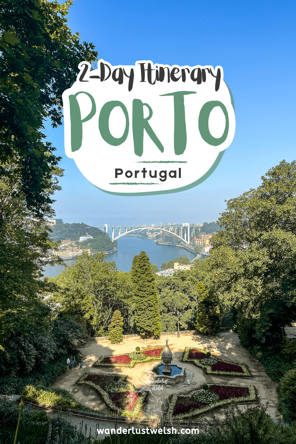 A landscaped garden, fountain, and flowers with the words "2-Day itinerary Porto" superimposed
