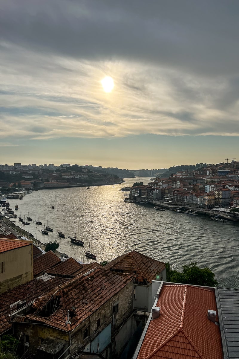 A view of the Duoro River from a viewpoint of the sun going down
