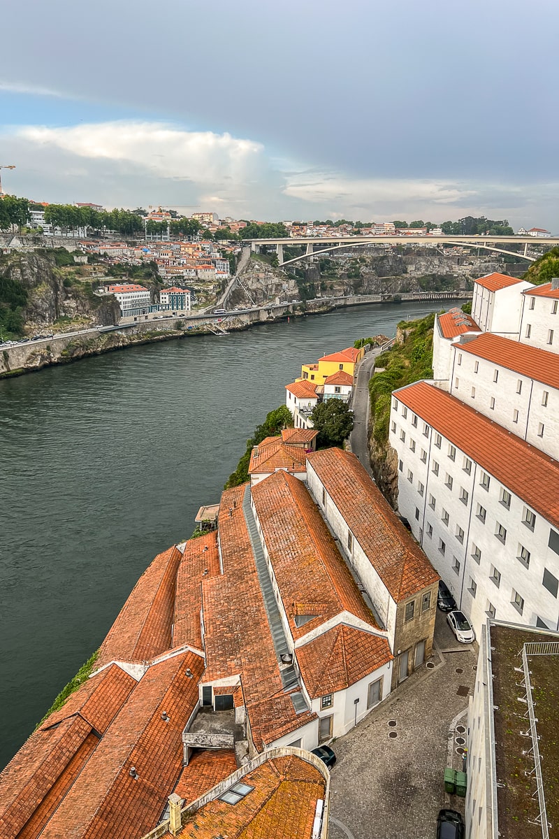A view of the Duoro River and many long red rooves from above