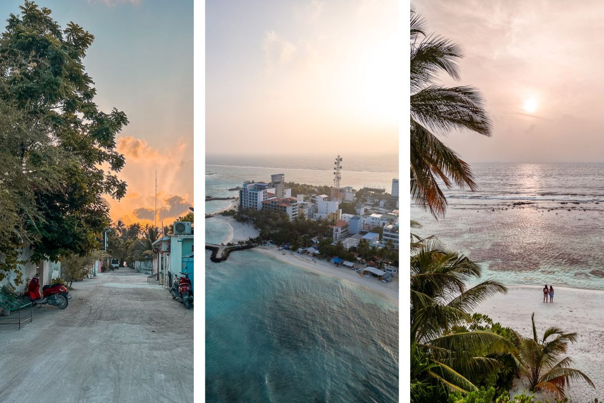 A set of three photos of sunrises and sunsets on Thulusdhoo, Maafushi, and Dhigurah