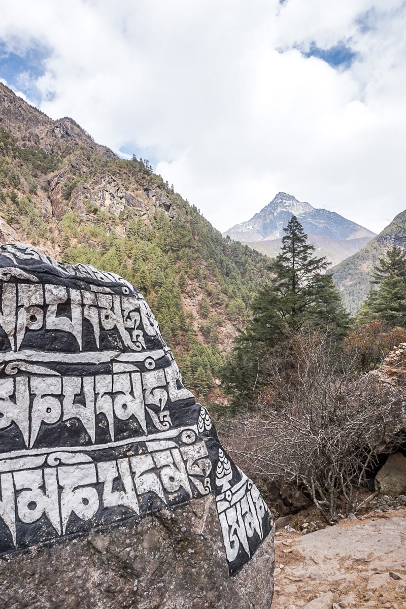 A rock with black and white painted Tibetan symbols