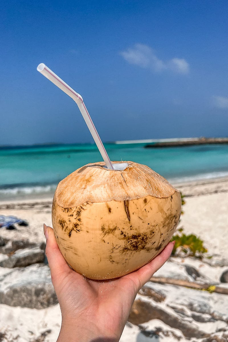 Someone holding a yellow colored coconut with a straw in a hole that has been cut in the top with a beach and blue sea in the background
