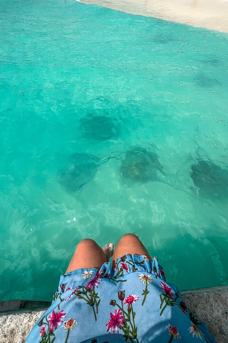 A girl in a blue and pink flowery dress dangling her legs off a pier with stingrays in the water below