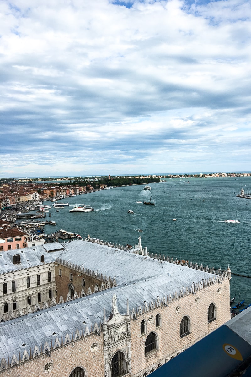 An aerial view of the Doge's Palace in Venice from St. Mark's Campanile - a white square building with a central courtyard