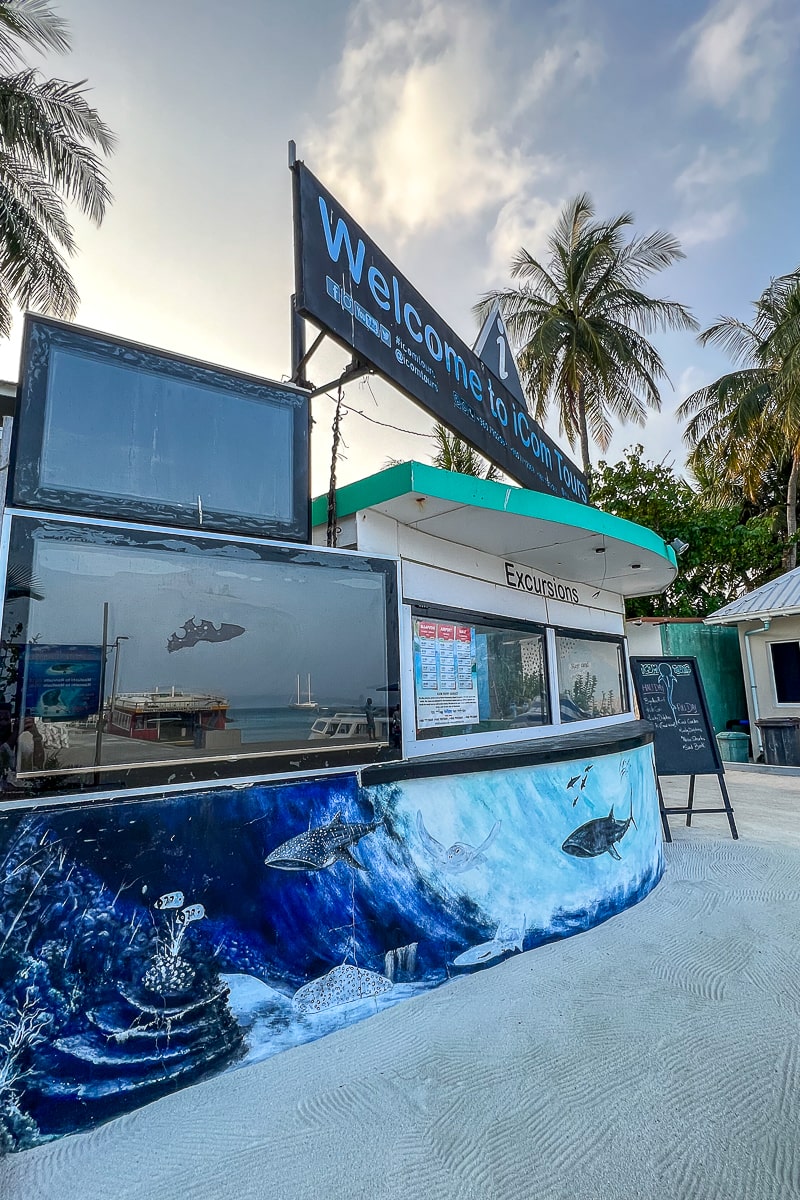 A tour operator shack at a beach with marine life artwork