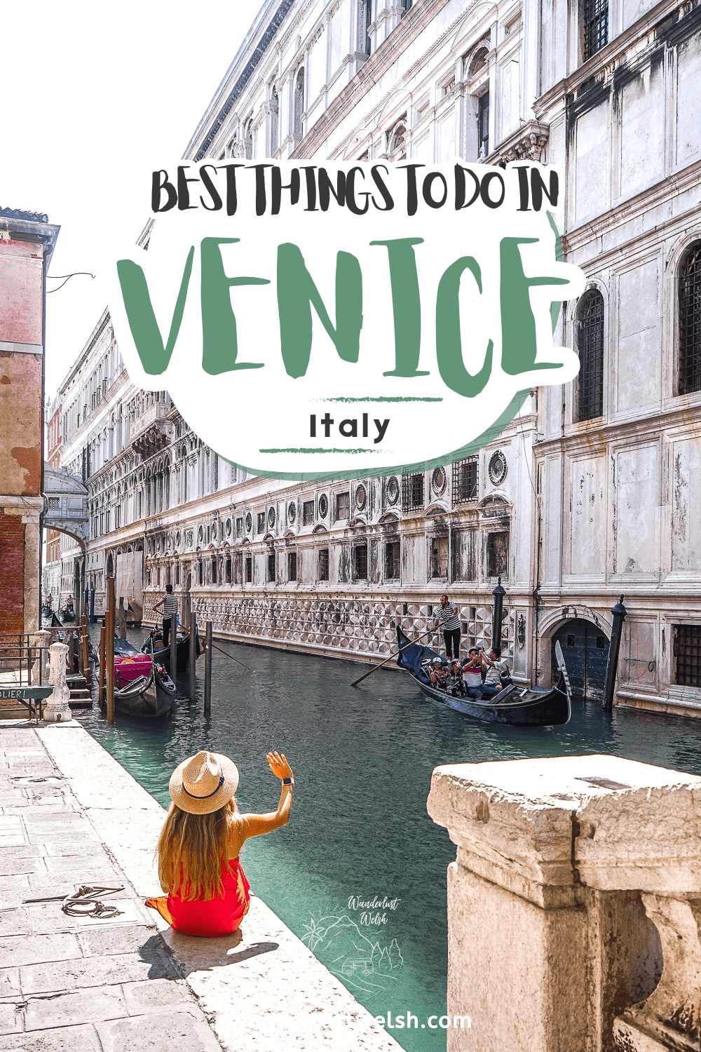 A woman sat on the edge of the canal waving with the words "Best things to do in Venice" superimposed