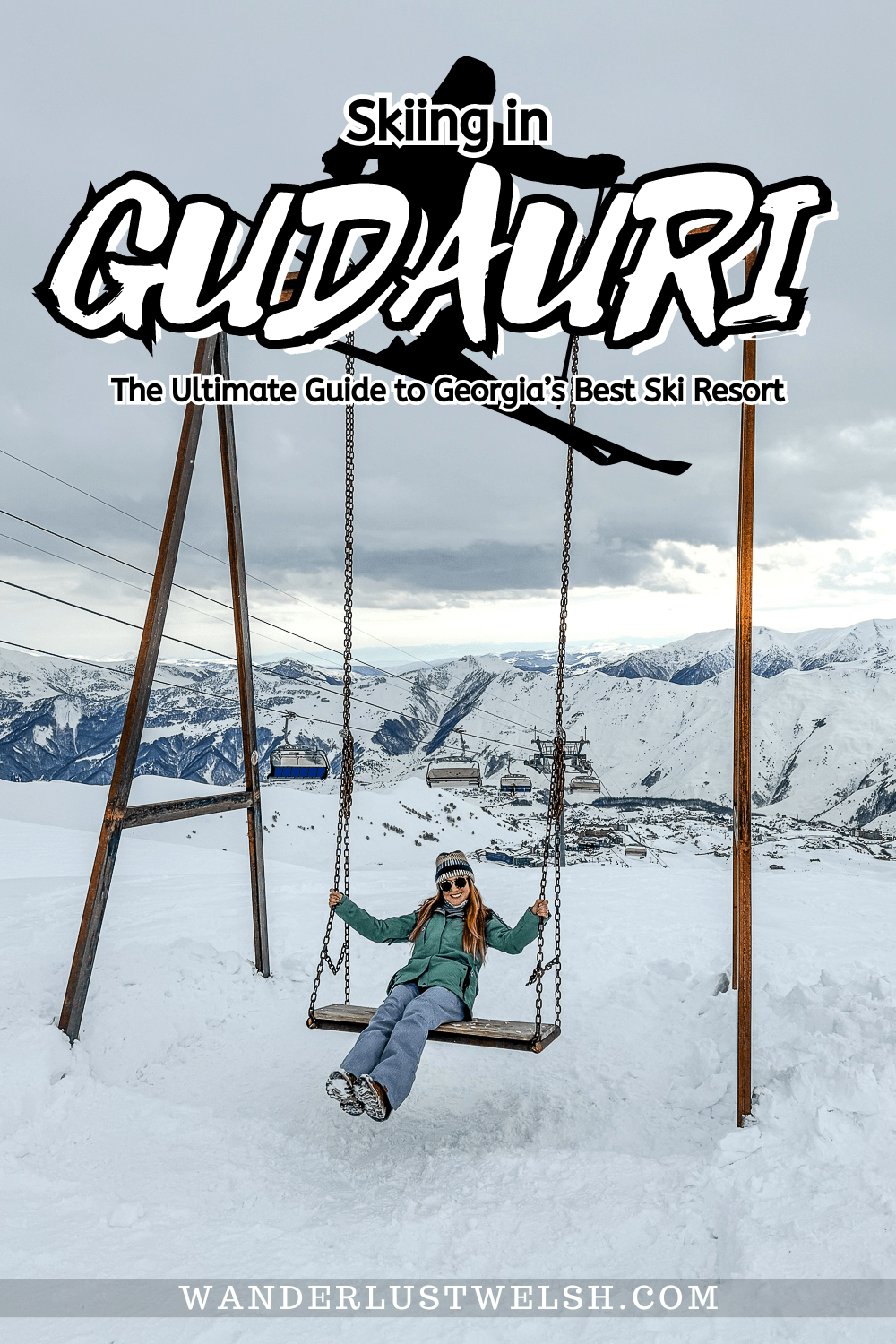 A girl swinging on a giant swing in the snow