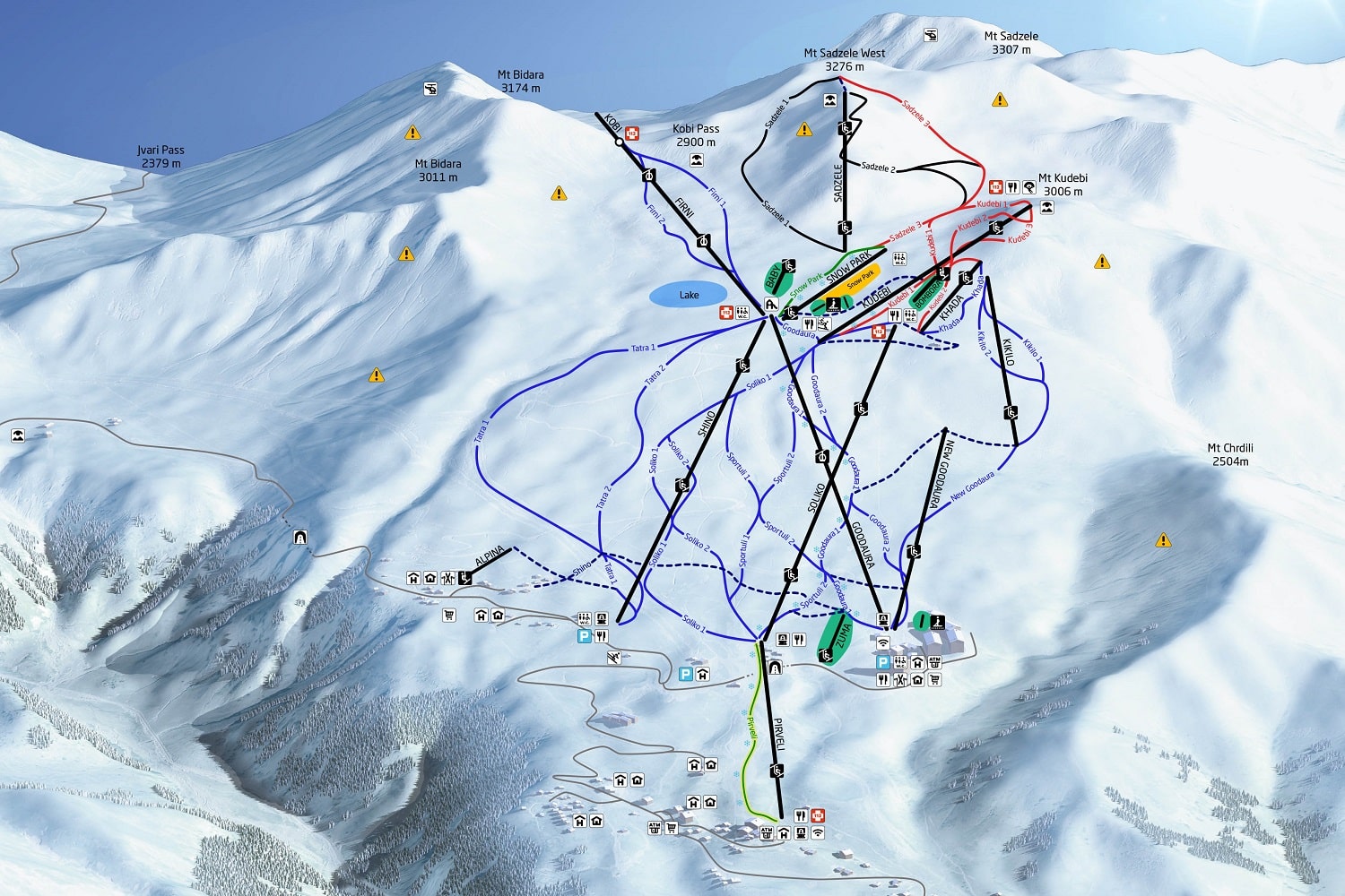 A trail map of Gudauri's ski slopes and lifts