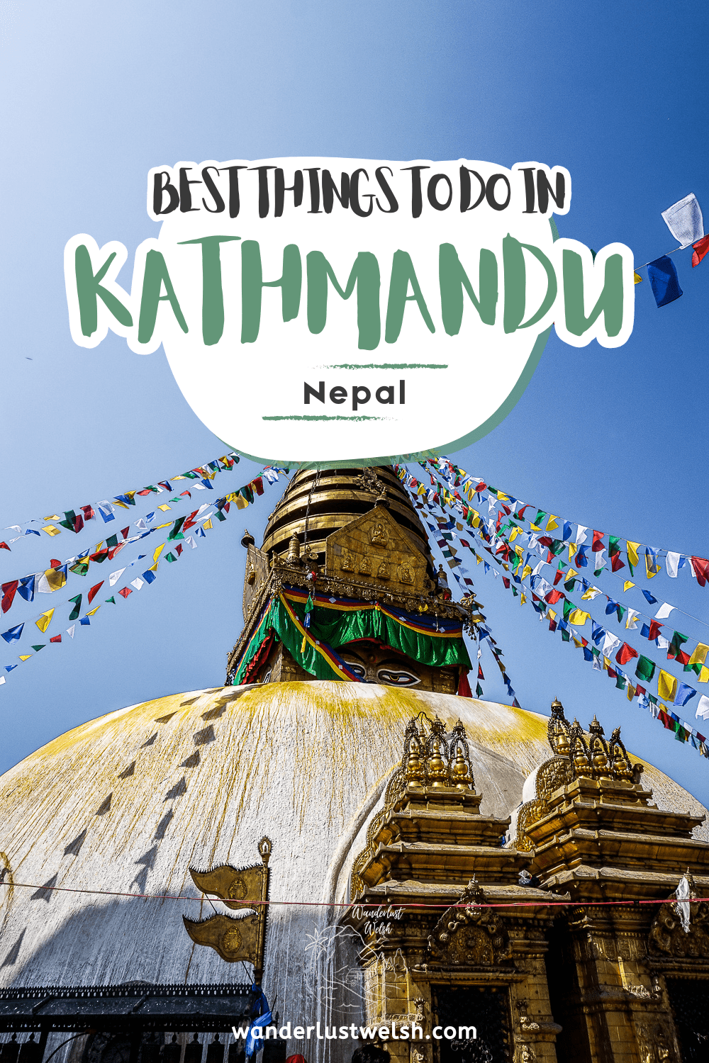 Boudhanath white and gold stupa with the words "Best Things to Do in Kathmandu" superimposed