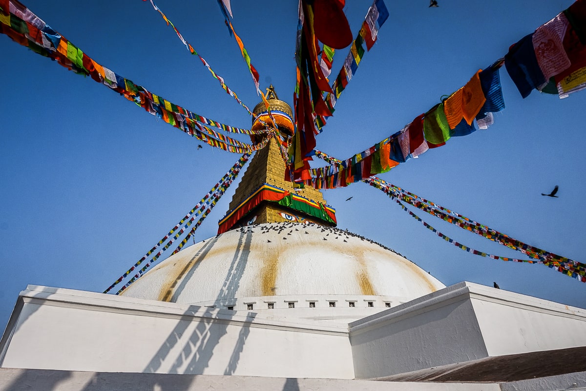 A huge white and gold Buddhist stupa with prayer flags streaming down from the top