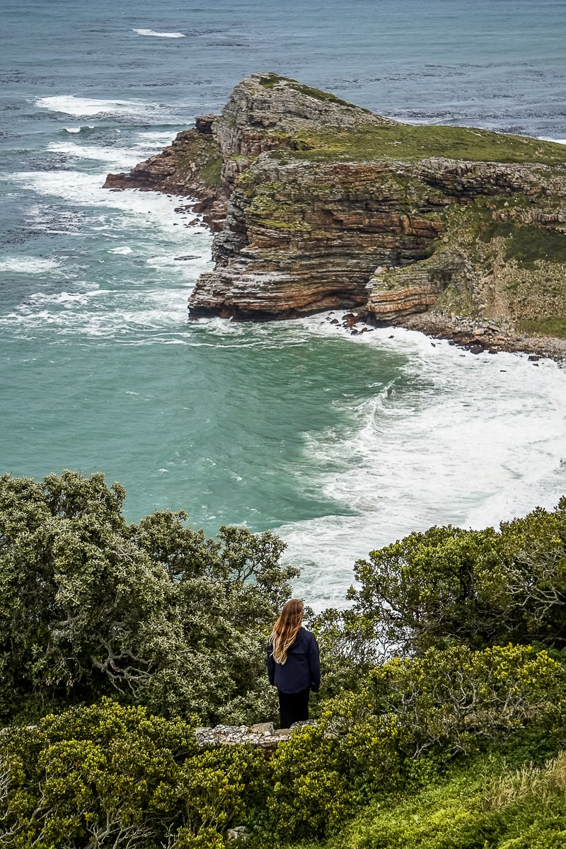 A view of the rugged coastline in Cape Point and a woman stood looking out
