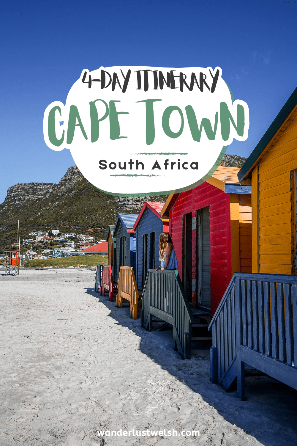 A row of colorful beach huts with the words "4-day itinerary Cape Town, South Africa" superimposed
