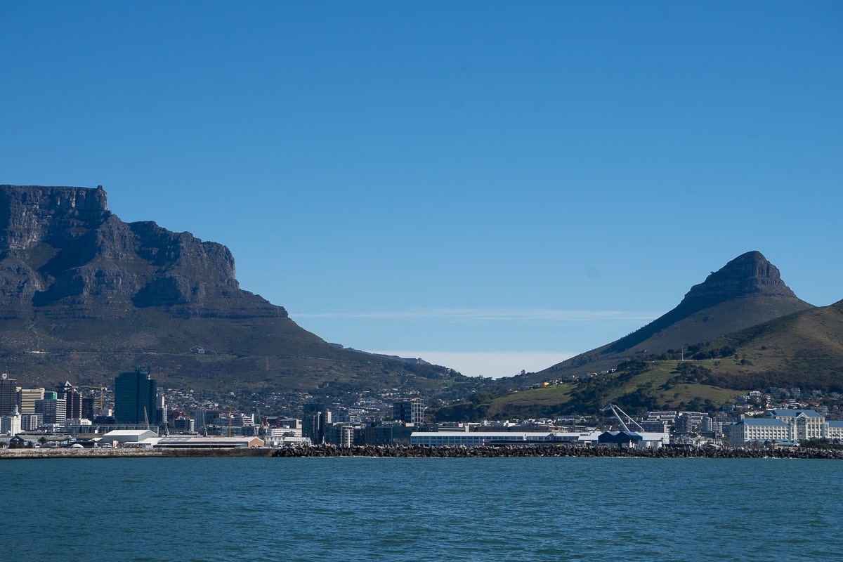 A view of Cape Town, Table Mountain, and Lion's Head from offshore