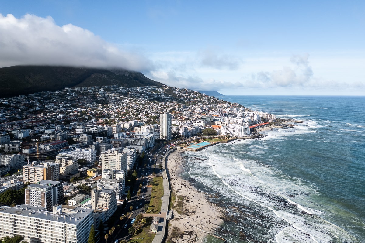 An aerial shot of Cape Town and the choppy shoreline