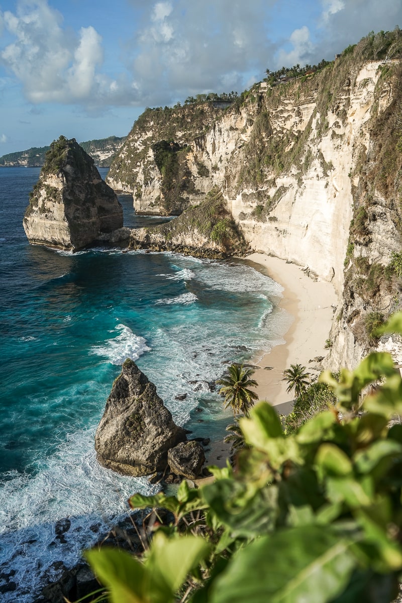 Steep rocky cliffs and a white sandy beach with blue ocean, some green plants framing the foreground